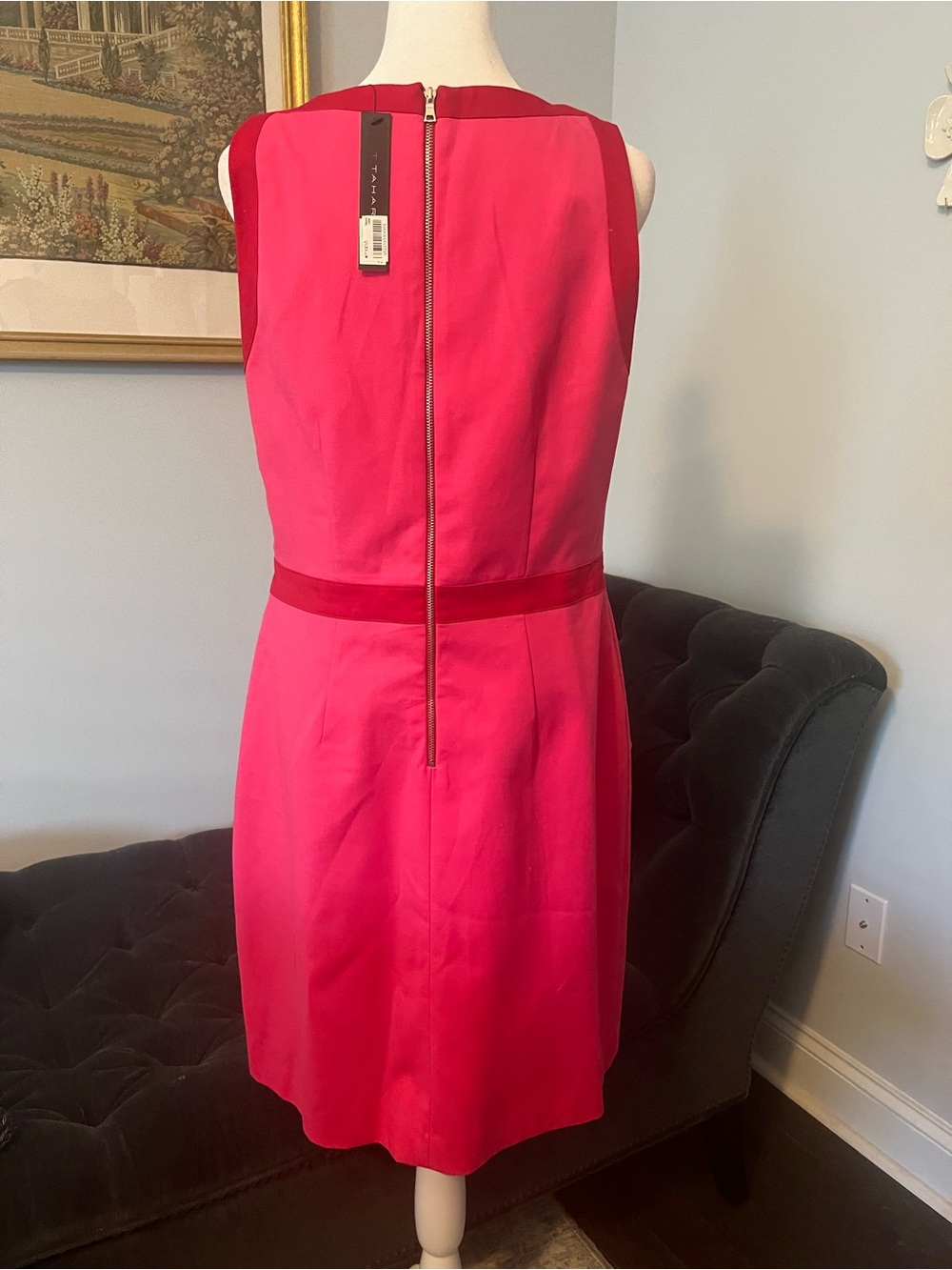 T Tahari Hot Pink & Red Sleeveless Sheath Dress with Contrast Waistband